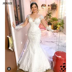 Apliques de encaje sirena vestidos de novia de manga larga con cordones en la espalda vestidos de novia bata vestido blanco Real