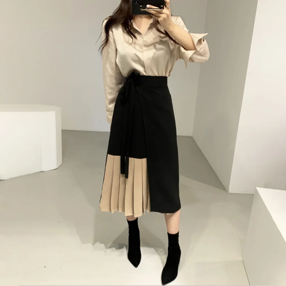 JSXDHK Korean Spring 2 Piece Set Women Fashion Puff Sleeve Loose Shirts + Color Contrast Patchwork Lace UP Pleated Skirts Suit