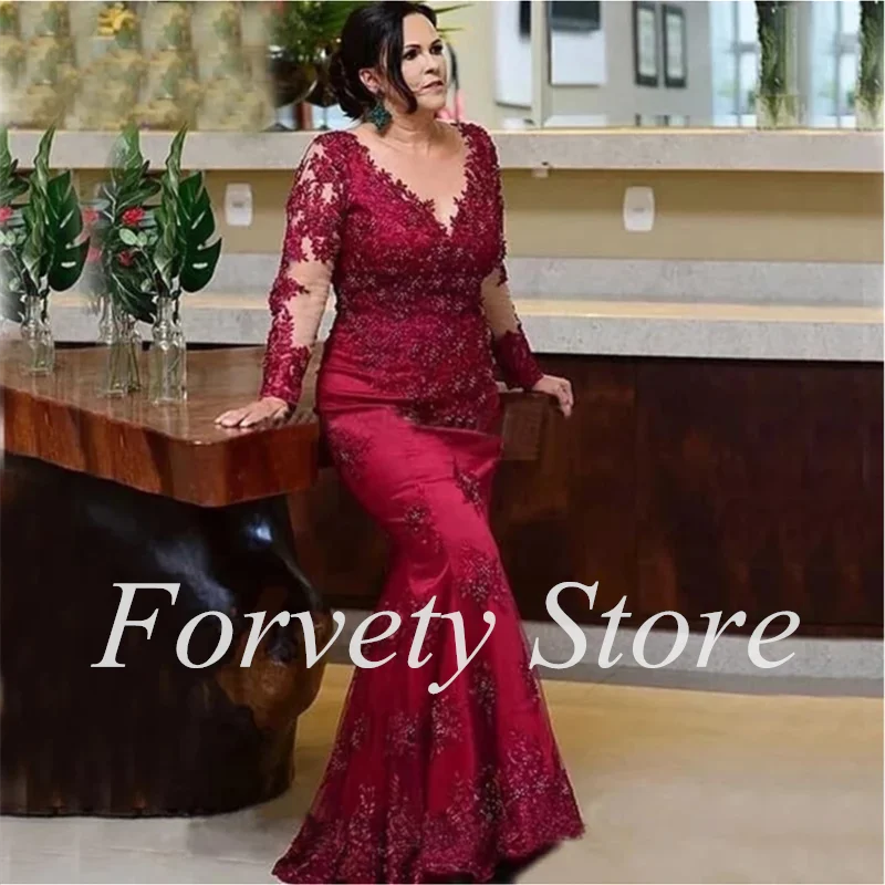 

Red Lace Mermaid Mother of the Bride Dresses Appliqued Long Sleeves Wedding Party Gowns robe de soirée femme Свадебное платье 22