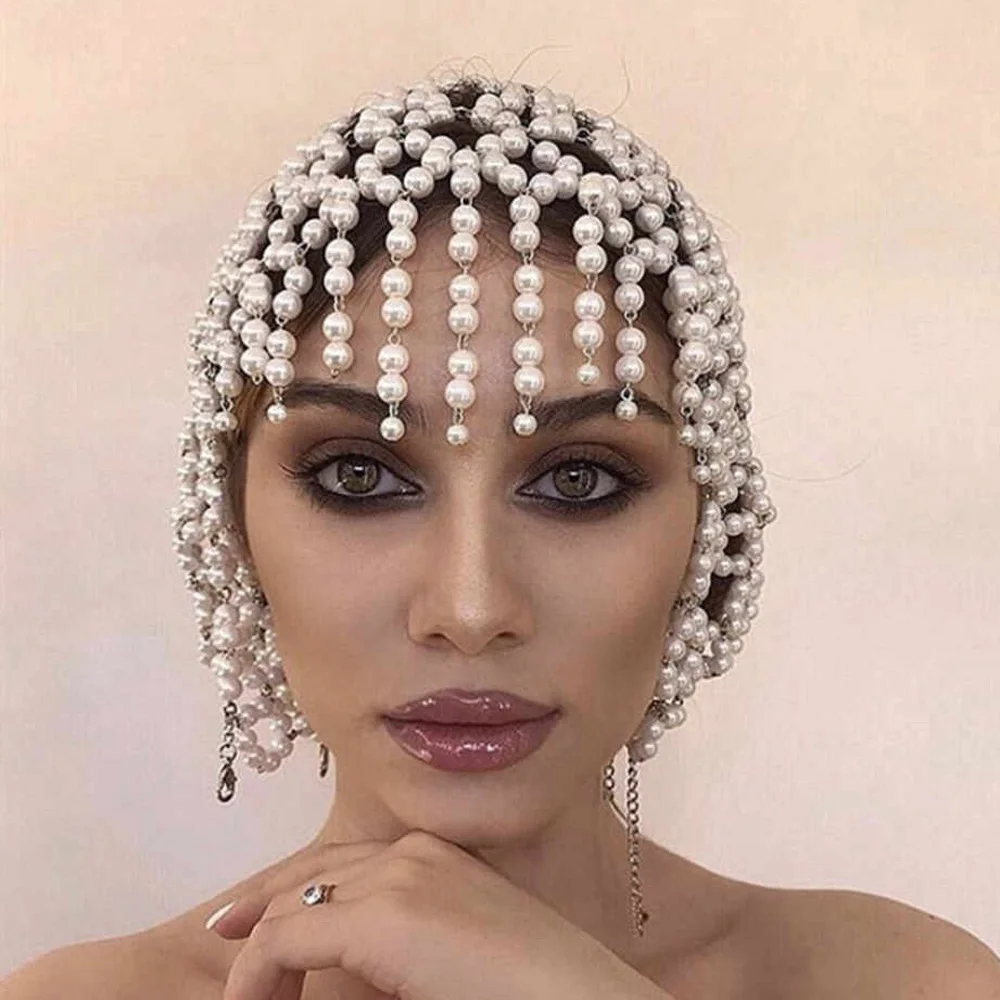 Handmade Bejeweled Hollow Pearl Tassel Forehead Headpiece Bridal Head Chain for Women Pearls Head Cap Hat Headband Accessories