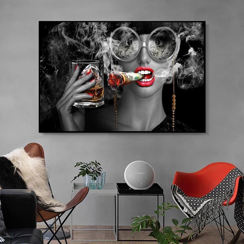 One Piece Sexy Woman Smoking Posters Canvas Painting Wall Art Picture For Living Room Modern Home Decoration Money Cigarette