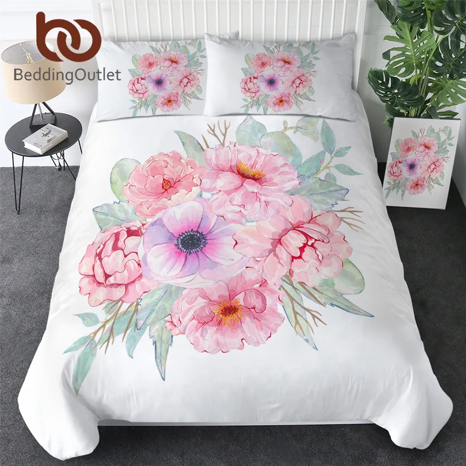 

BeddingOutlet Pink Girls Bedding Set Floral Bed Cover Flowers Home Textiles Watercolor Bedspreads Leaf Bed Set Queen Love Gift