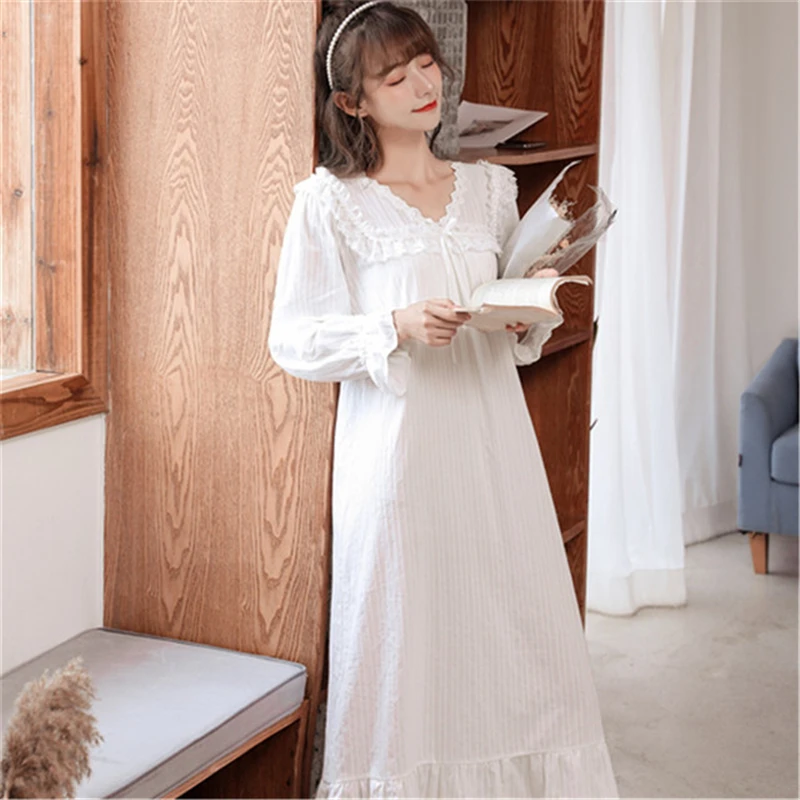 Đồ Ngủ Nữ Pijamas Cotton Cổ Chữ V Dài Tay Phong Cách Cung Đình Rời Áo Váy Ngủ Trắng Thanh Lịch Áo Tắm Váy Ngủ Mới 2020