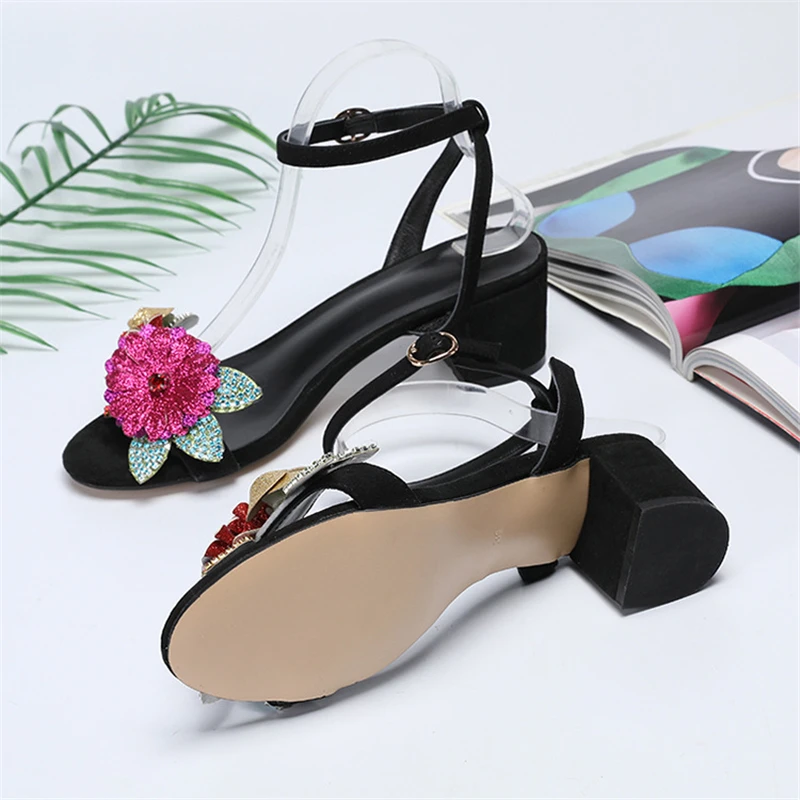 Crystal Sequins Flower Gladiator Sandals Women Black Suede Hoof Heel Ankle Strap Rhinestone Summer Sandalias Mujer