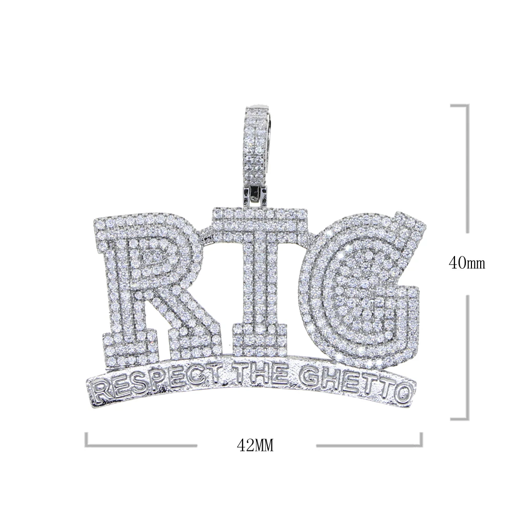 New Iced Out Bling CZ Letter RTG Pendant Necklace Cubic Zirconia RESPECT THE GHETTO Charm Men Women Fashion Hip Hop Jewelry