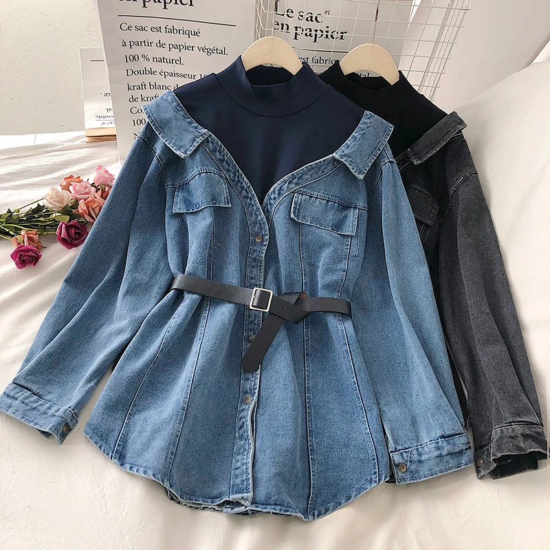 2024 Spring Women Denim Blouse With Belt Long Sleeve Patchwork Fake Two Piece Blouses Jeans Shirts Loose Tops blusas mujer