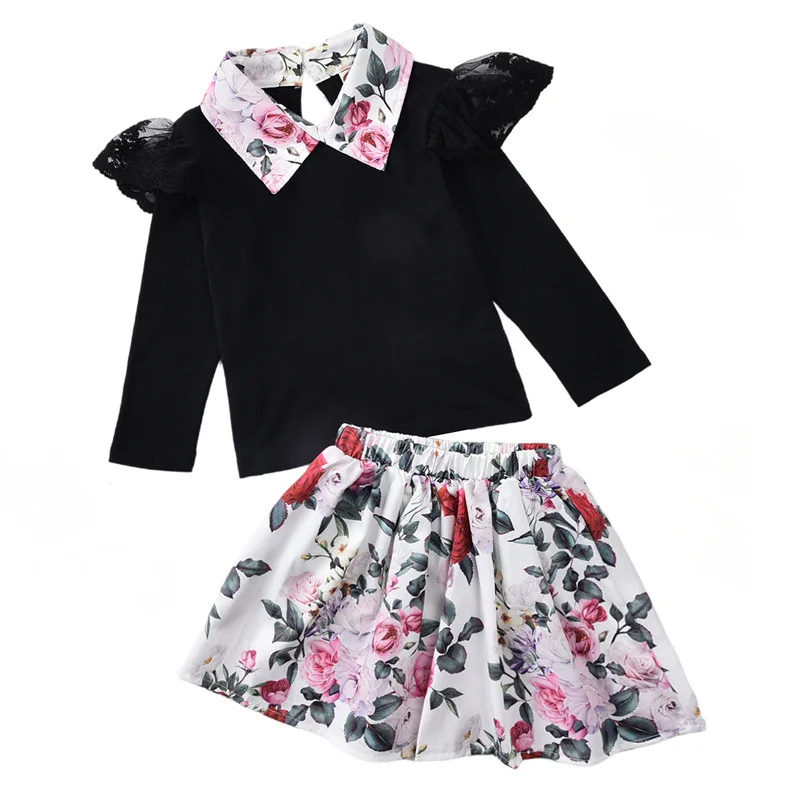 

Two Pieces Girls Clothing Sets Long Sleeve Shirts +Flower Skirts Children Set Patchwork Girls Clothes Suit Casual Floral Outfits