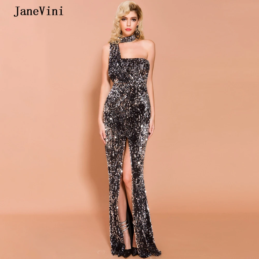 

JaneVini Sexy Silver Mermaid Long Evening Dresses 2020 Halter Sparkle Sequined High Split Floor Length Formal Women Dinner Gowns