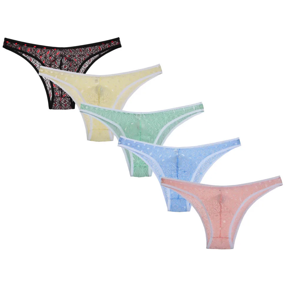 

5Pcs/Lot Men's Bikini Briefs Sheer Candy Colored Lace Underwear Male Rhombic Pattern Pouch Short Pants