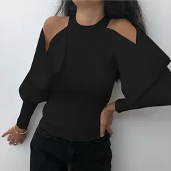 2023 Women Long Sleeve Black T Shirt Sexy Bare Dropped Sleeve Crop Tops New Bottoming Knitted T-shirts New Slim Fitness Clothing