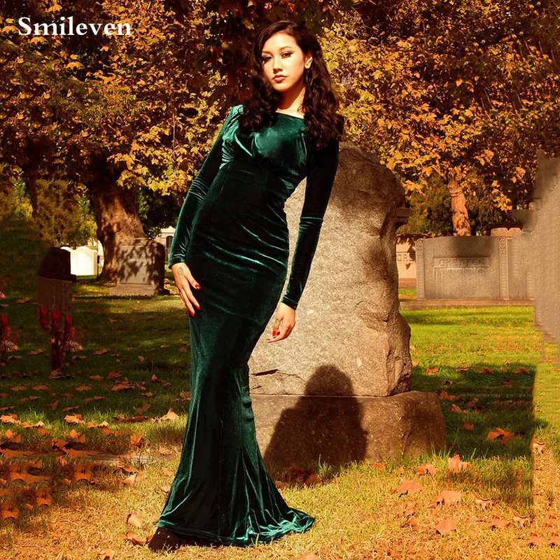 

Smileven Dark Green Cheap Long Sleeves Velvet Evening Dress Mermaid Cut-Out Sweep Train Prom Gowns Simple Women Party Dresses