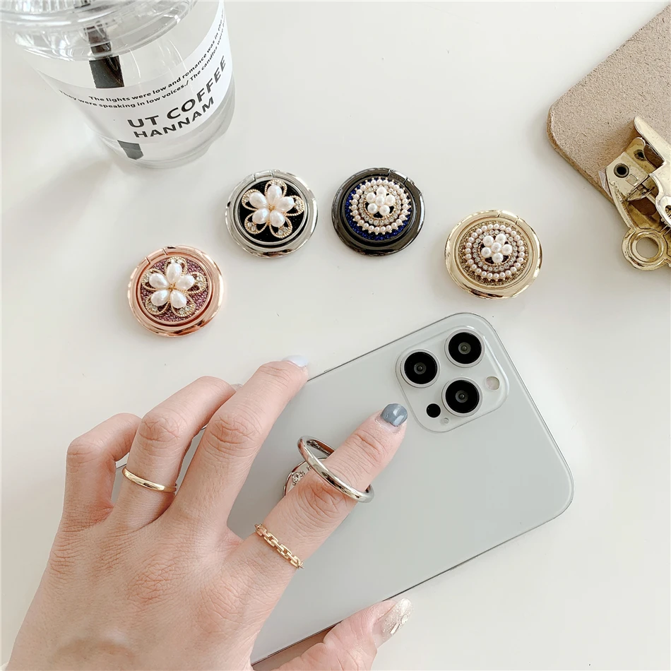 Fashion Luxury Universal Glitter Pearl Jewelled Flower Metal Finger Ring Mobile Phone Round Stand Holder For iPhone Samsung Grip