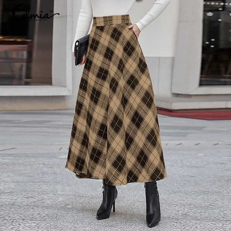 Vintage Plaid Long Skirts Women Celmia 2023 Autumn Party Skirt Loose Casual Office High Waist Maxi Skirts   skirt 7