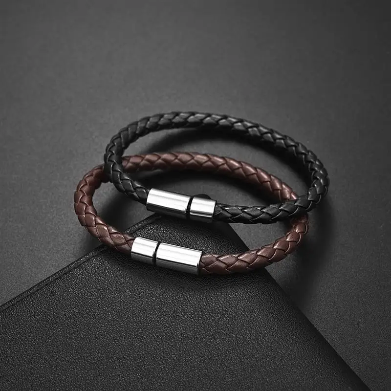 Classic Single Layer Leather Bracelets 22cm Simple Braided Black Brown Bracelets & bangle For Women Men Gift Jewelry Wholesale