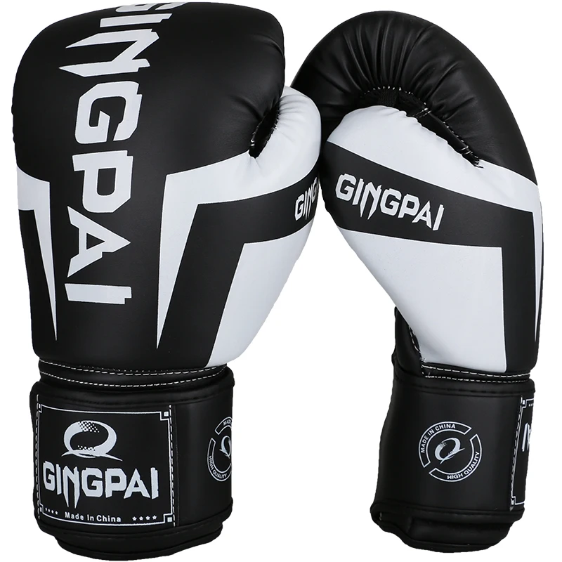 6 8 10 12oz Gingpai Rękawice bokserskie PU Kick Boxing Sanda Worek z piaskiem Mężczyźni Kobiety Guantes Muay Thai Boxe De Luva Mitts Czarny