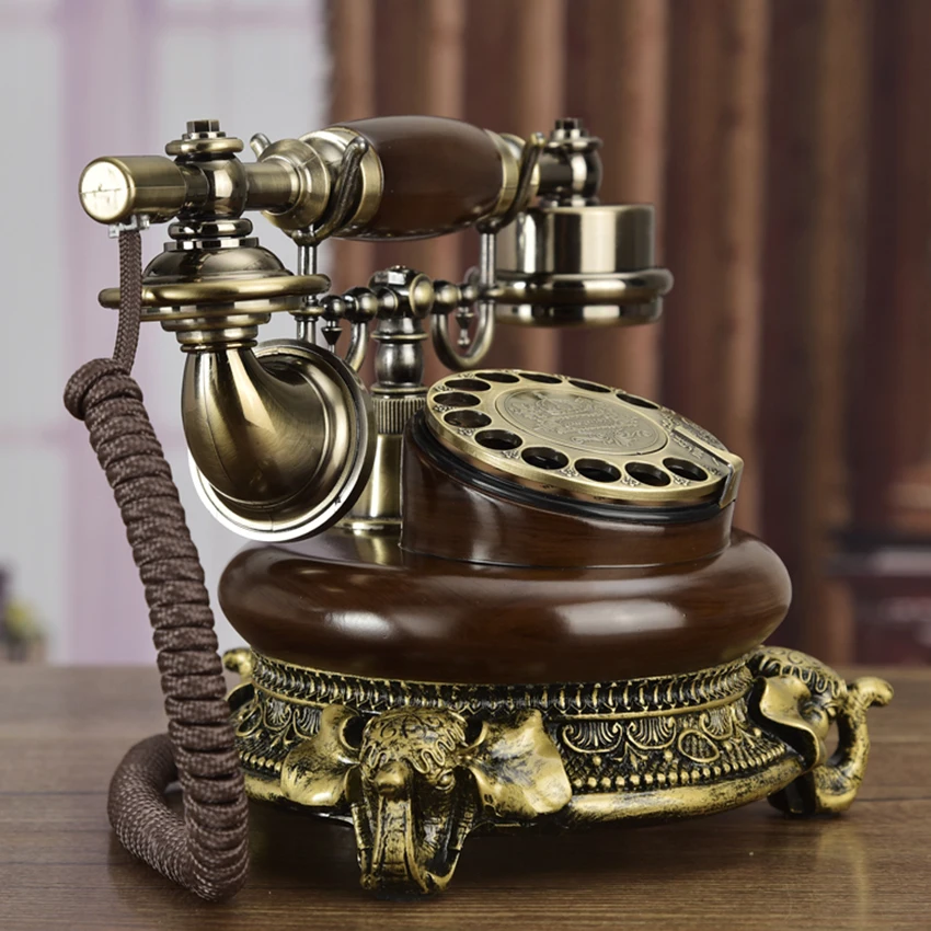 American Antique Telephone Retro Rotary Dial Telephone Landline, Electronic / Mechanical Ringtone, Coffee Color, Mahogany