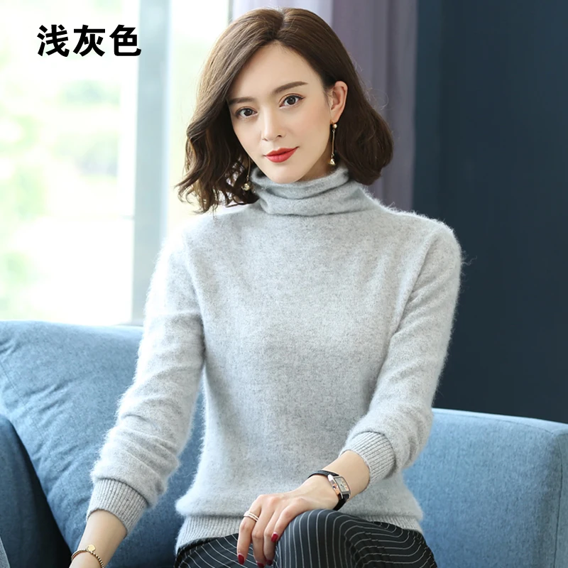 Nguyên Chất 100% Chồn Áo Len Nữ Ngắn Mùa Đông Mới Cashmere Áo Len Size Lớn Đan Áo Thun Chui Đầu Dày Cổ Cao Top Nữ Áo Sơ Mi 2021