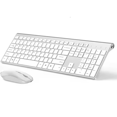 2.4G Rechargeable Wireless Keyboard And Mouse。Ergonomic Full-Size Design。Russian/English/German/French。Laptop/PC/ Windows，Silver