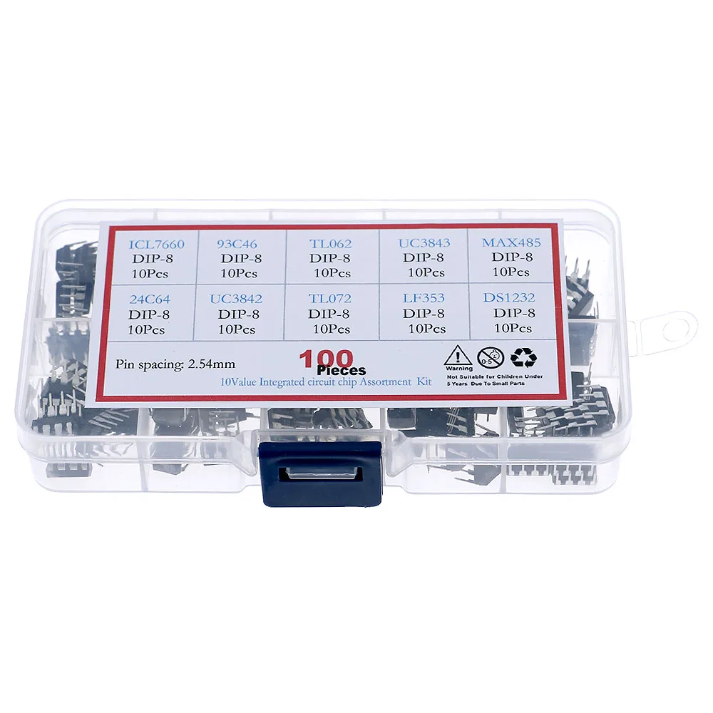 100Pcs/Box IC Integrated Circuit Chip Assortment Kit Icl7660 93C46 TL062 UC3843 MAX485 24C64 UC3842 TL072 LF353 DS1302