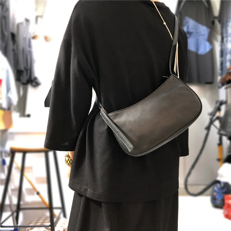 Retro Black Women Shoulder Bag Natural Cowhide Leather Handbags Subaxillary Messenger Bag Female Crossbody Bags Bolsa Feminina