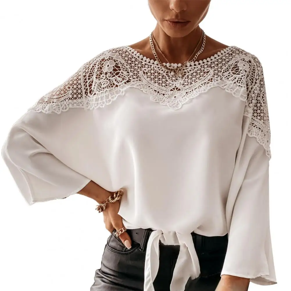 Elegant Women Blouse Solid Color Lace Patchwork Autumn Winter Shirts Hollow Out Long Sleeve O Neck Office Ladies Blouse Top