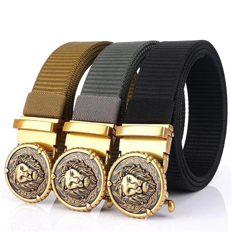 BOKADIAO Man's Nylon Belt Luxury Gold Lions Metal Automatic Buckle Canvas Belts for Men Fashion Jeans Waistband Black Male Strap