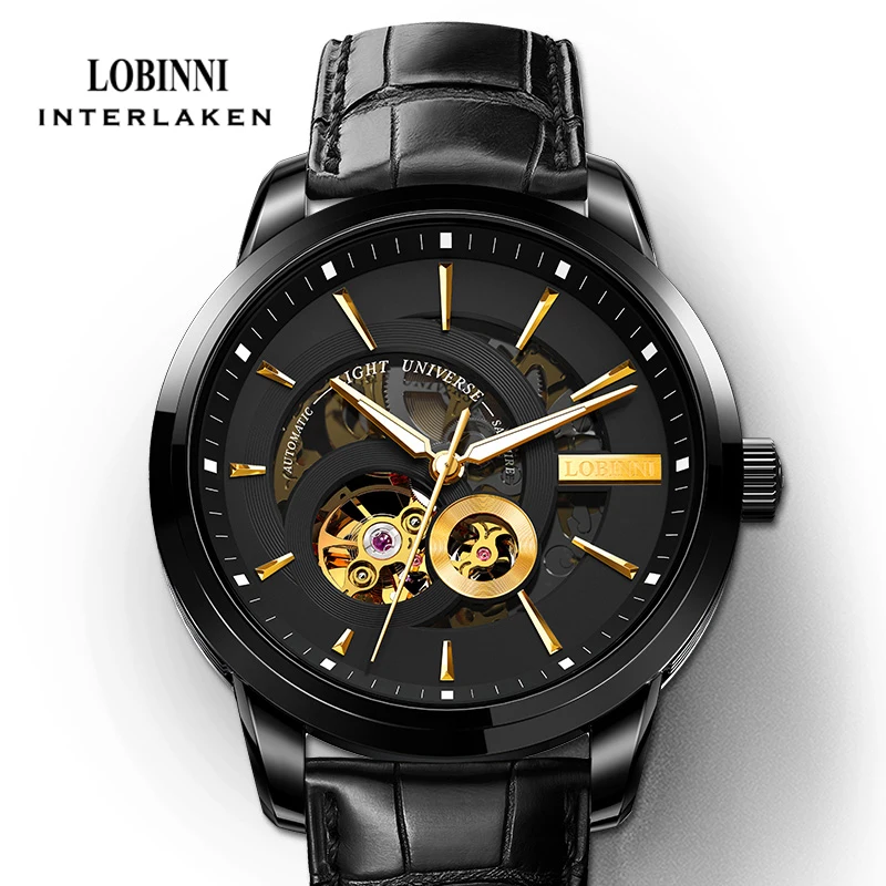 LOBINNI Luxury Skeleton Men Watch Analog Automatic Mechanical Watch Leather Strap Tourbillon Wrist Watches Waterproof Clock