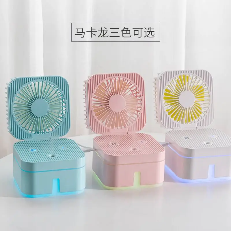 Mini Cool Mist Humidifier USB Desk Fan 3 Speed Wind & 7 Colors Light Changing Magic Cube Size Mist Fan