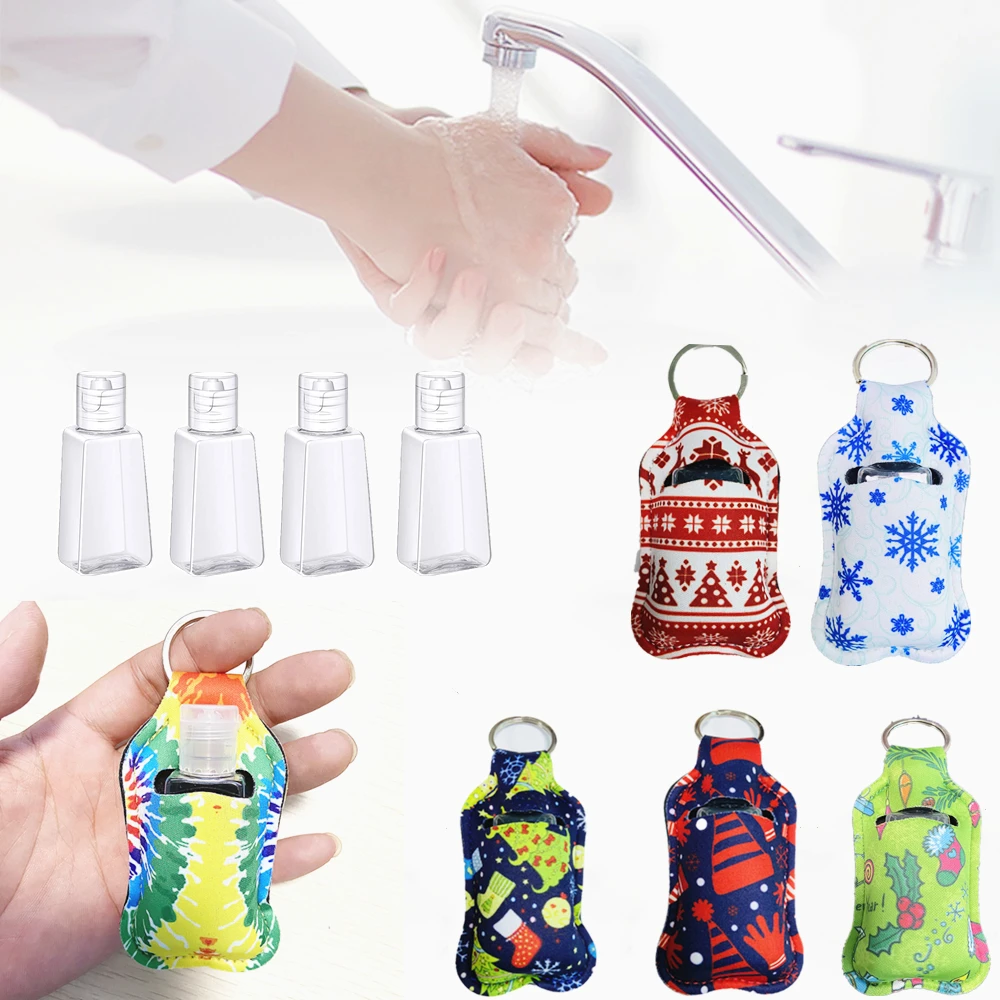 4pcs/set Mini 30ml Hand Sanitizer Holder Travel Bottle Container Bottle Cover with Keychain Holder Kids Men Women Portable Using