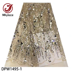 African Embroidery Tulle Lace Fabric with Sequins High Quality French Mesh Lace Fabric 5 Yards for Wedding Dress DPW1495