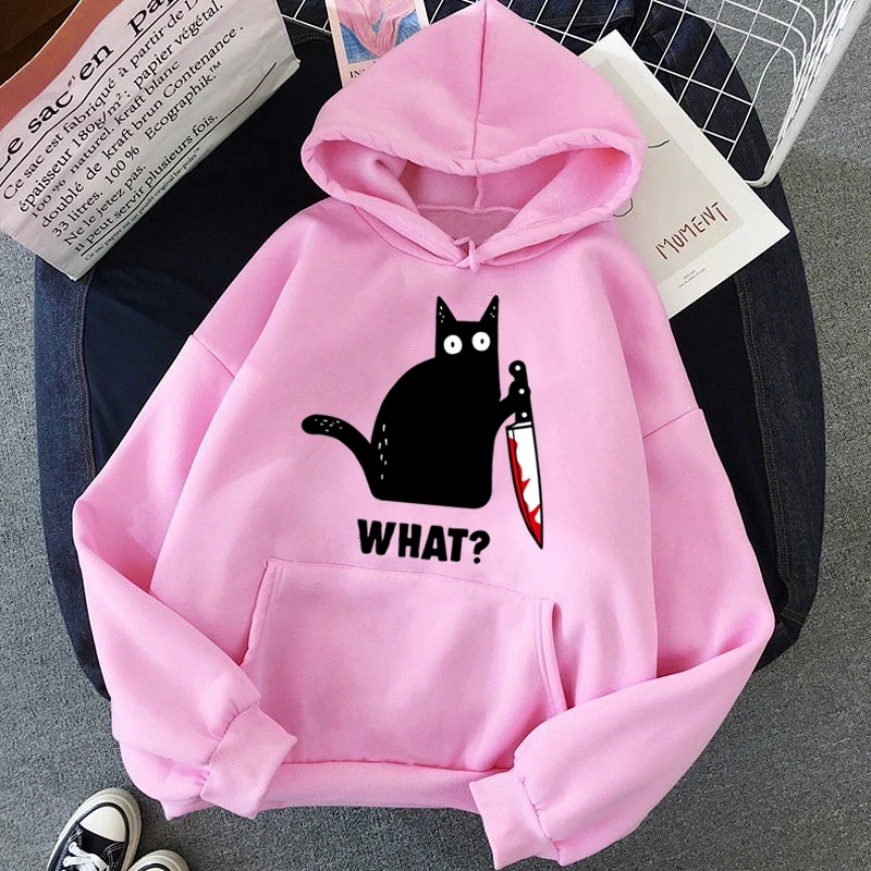 CAT WHAT Oversized Hoodies for Women Clothes Pink Harajuku Print Funny Hip Hop Sweatshirt Clothing Streetwear Hoodies