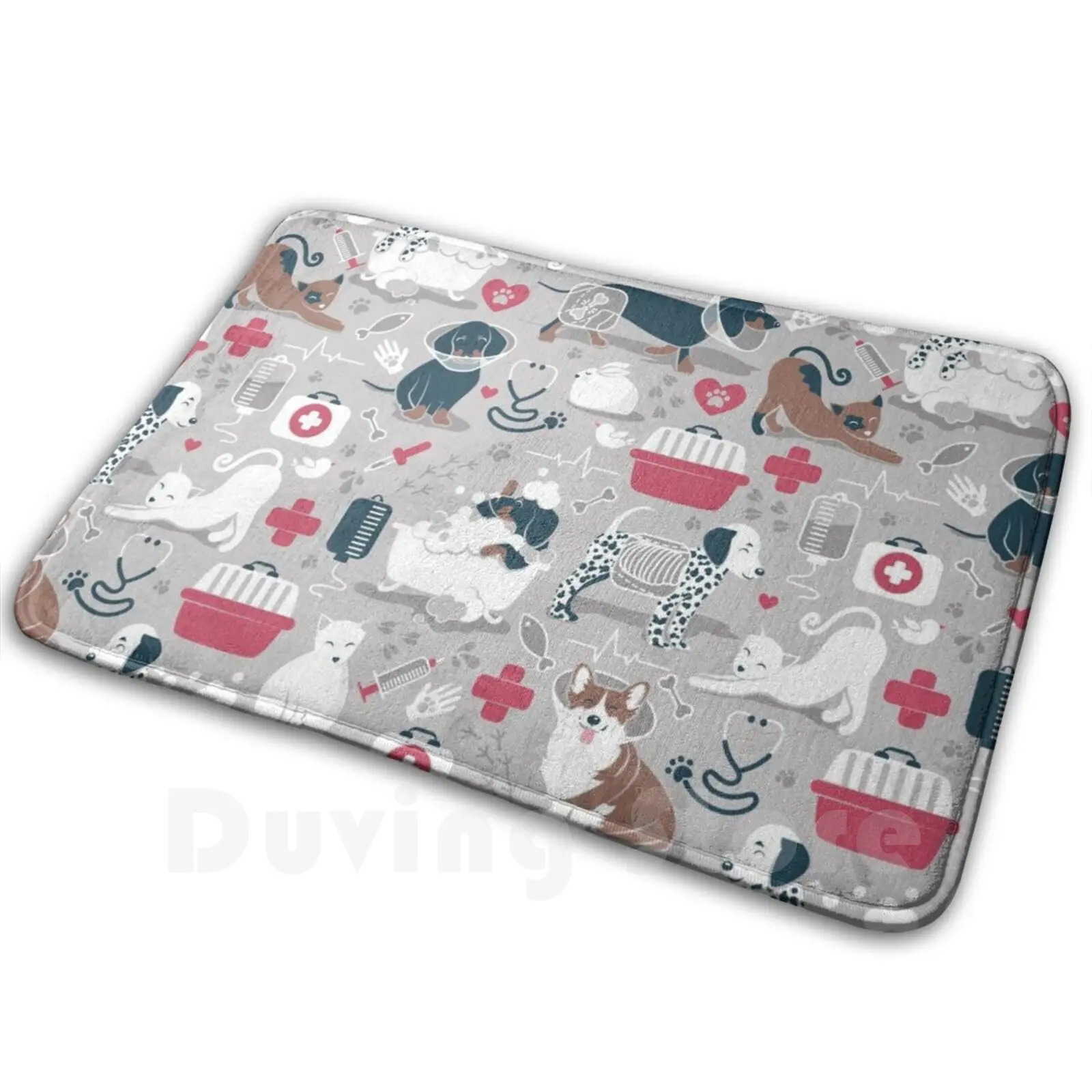 Veterinary Medicine , Happy And Healthy Friends / / Grey Background Red Details Navy Blue White And Brown Cats Dogs And Other