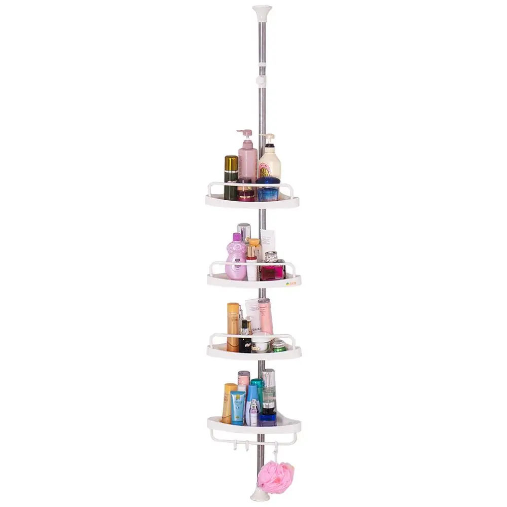 4 Tier White Height Tension Metal Bathroom Toilet Corner Storage Shelf Shower Toiletries Organizer Rack for Home DQ601D