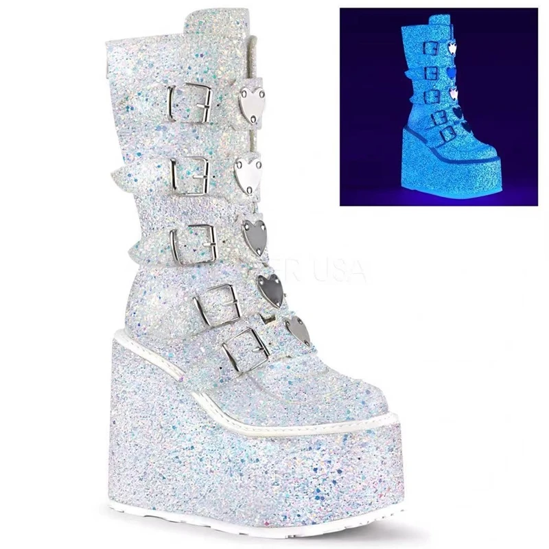 Women Dress Shoes Fancy Glitter Buckle Strap Platform Boots Super High Heel Lady\'s Fashion Knee High Boots Winter