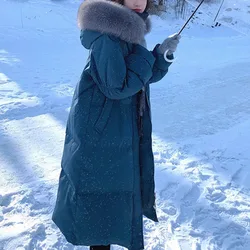 Doudoune en Duvet de Canard Blanc pour Femme, Manteau à Capuche en Fourrure Artificielle et group, Long, Épais, Élégant, à la Mode, Solide, pour Bureau