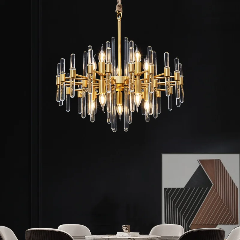 Gold Crystal Chandelier Modern Brass Lighting Fixture Cylinder Glass Pendant Light for Living Room Bedroom