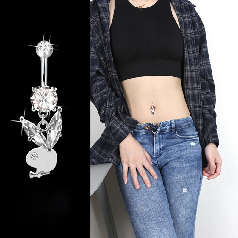 Hypoallergenic 925 Sterling Silver Rabbit Navel Piercing Belly Button Rings Cute Animal Zircon Body Jewelry Women Men Gift