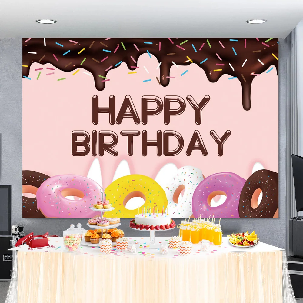 Laeacco Sweet Chocolate Donuts Dessert Birthday Backdrop Child Birthday Party Banner Poster Photography Background Photo Studio