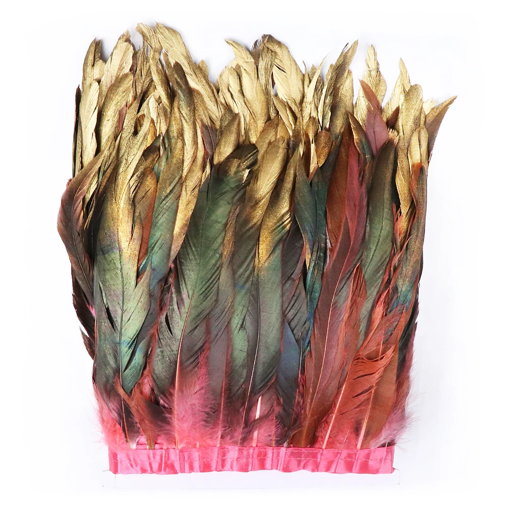 Dipped Gold Natural Rooster Feather Fringe Trims 15-20cm/6-8 inch Cock Feathers Ribbon for Dress Carnival Decoration Accessory