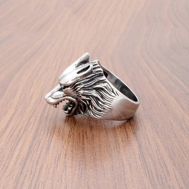 Punk Size 7-15# 316L Stainless Steel Silver Color Black Big Viking Wolf Head Animal Ring Jewelry For Men\'s Gift