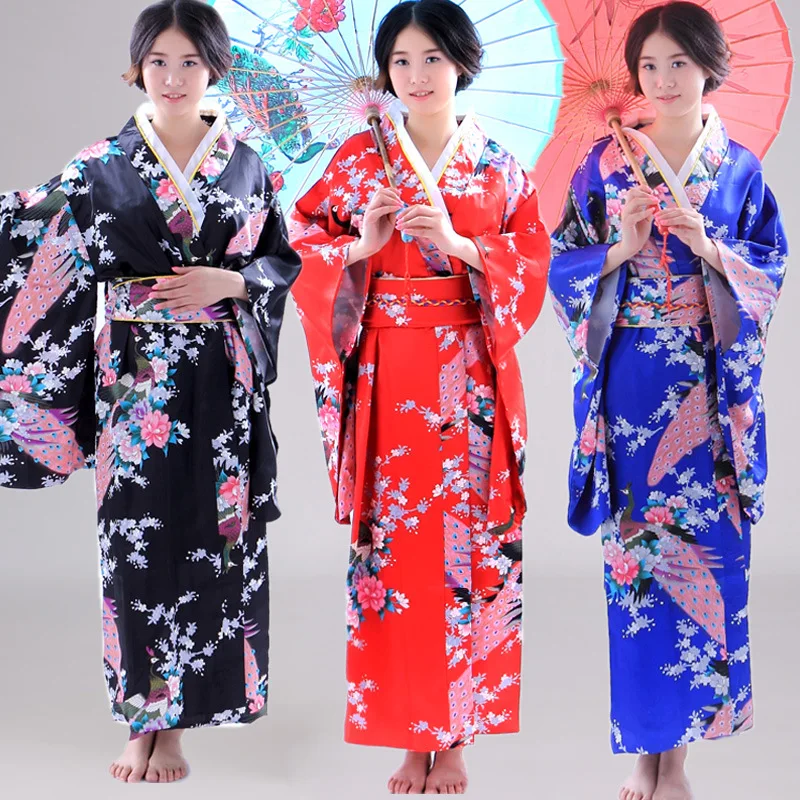 

Long Style Loose Japanese Satin Peacock Woman Yukata Dress Sleepwear Oriental Kimono Haori Chinese Qipao Nightgown Robe