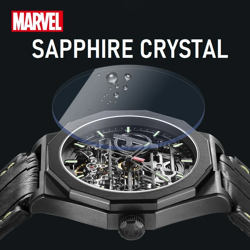 Marvel Official Mens Casual Skeleton Automatic Wristwatch Mechanical Movement Sapphire Crystal Stainless Steel The Avengers Dial