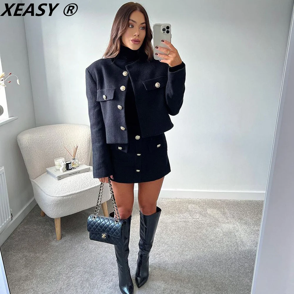 Xeasy Tweed Jas Set Tweedelige Sets Vrouwen Rok Fall 2021 Womens Fashion Zwart Single Breasted Jasje Hoge Taille rok Pak