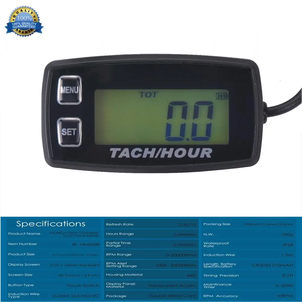 Engine Hour Meter Inductive Tachometer Gauge Backlit Digital Resettable for 2/4 Stroke Engines Motorcycle Marine Glider ATV