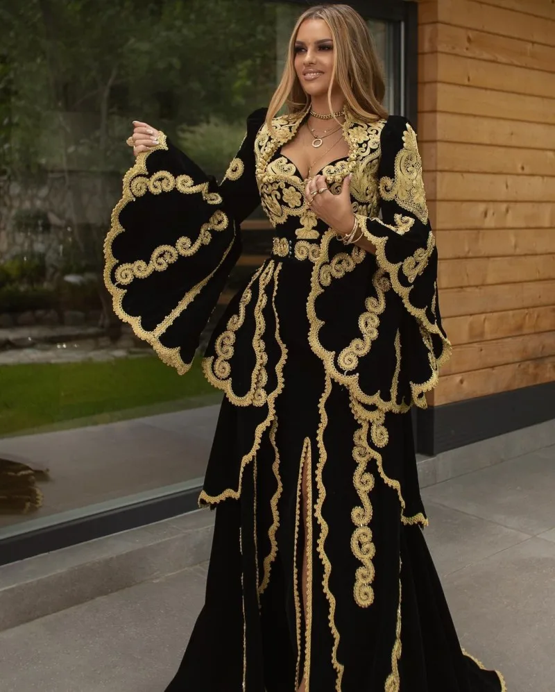 Gaun Malam Vestidos Formale untuk Wanita Gaun Prom Pernikahan Albania Kosovo Tradisional Applique Lengan Berkobar Pesta Beludru