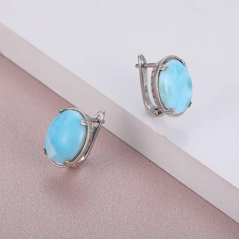 2021 Simple Fashion Geometric Round Charm 925 Sterling Silver Jewelry Gift Classic Natural Precious Larimar Earrings for Women