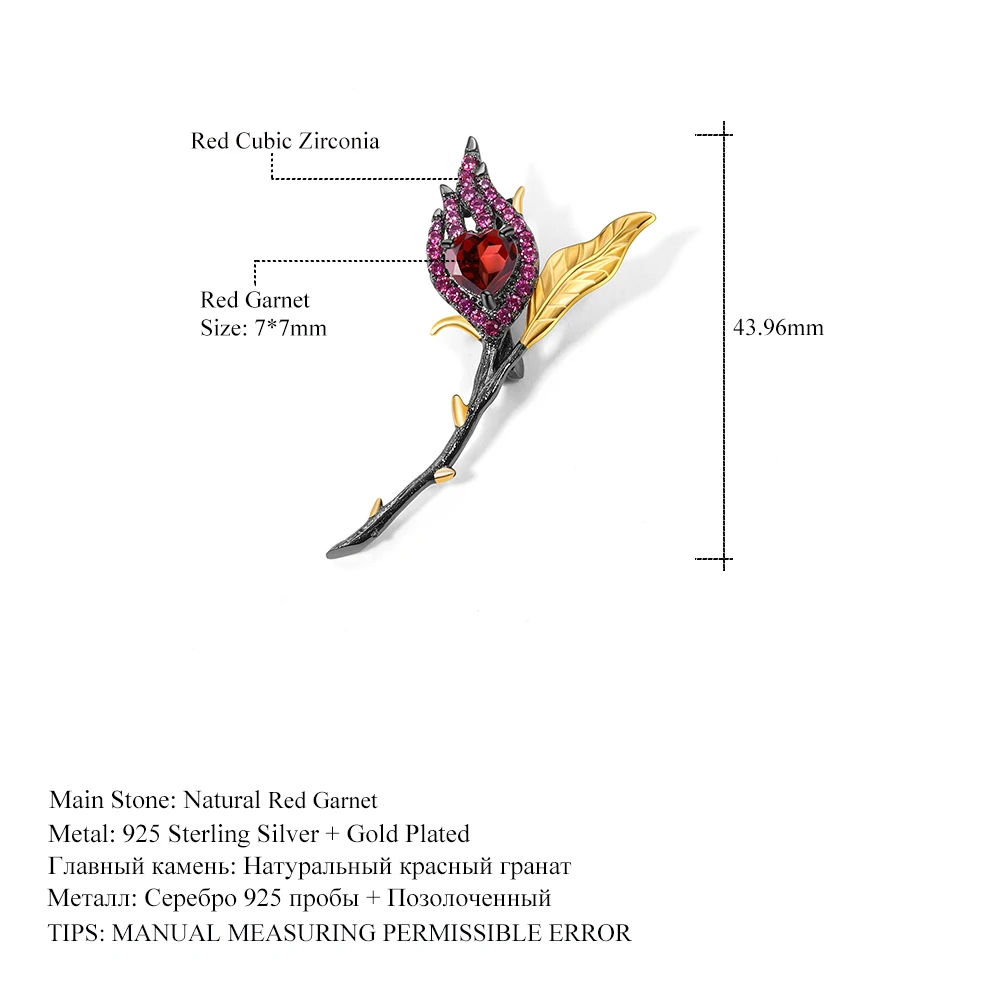 GEM\'S BALLET Natural Garnet Gemstone Brooches For Women Jewelry Black &18k Gold Over 925 Silver Handmade Heart Burnt in Love