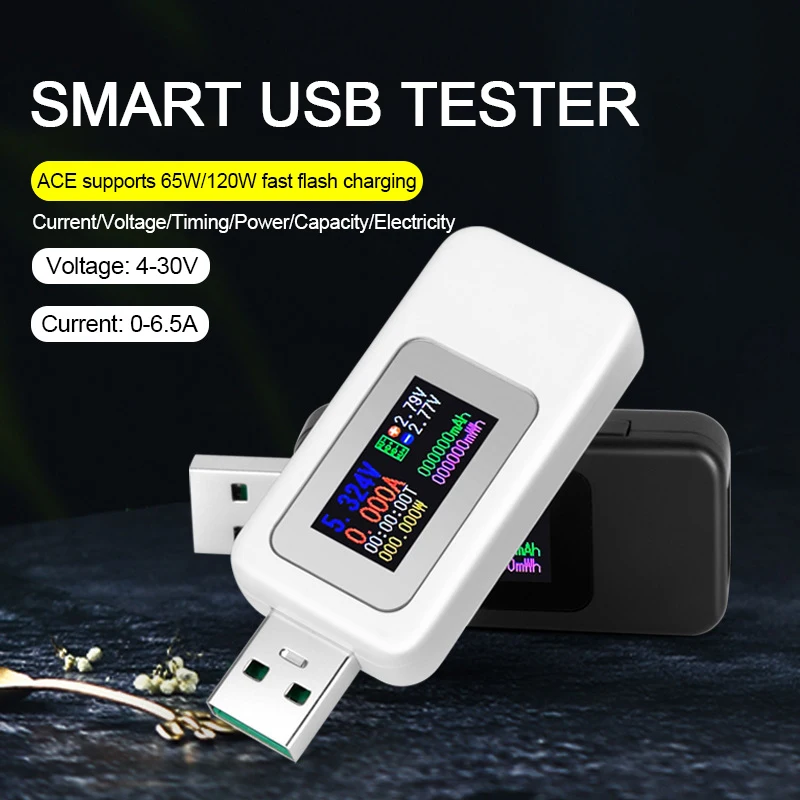 Color Display USB Tester 0-6.5A Current 4-30V Voltage USB Charger Tester Time Display Mobile Power Detector Battery Test