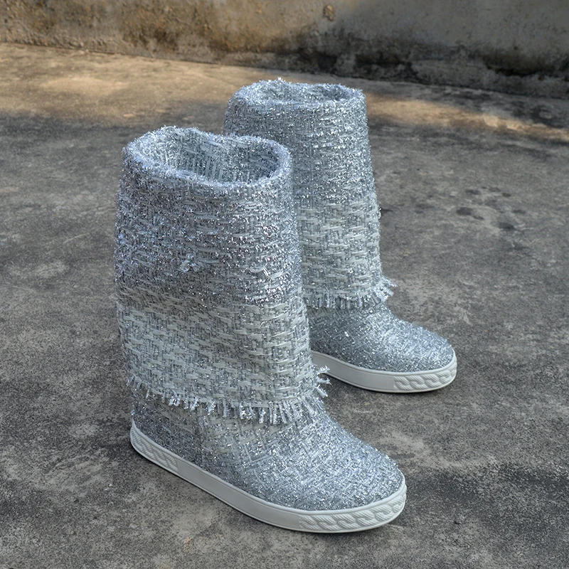 Women Silver Bling Woolen Cloth 80mm Inner Wedge Heels Mid-Calf Boots Foldover Round Toe Height Increasing Slip On Boots