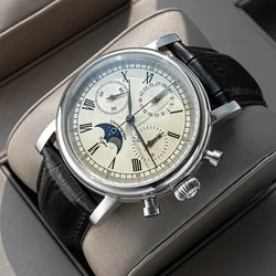 Sugess Chronograph ST1908 Movement Vintage Leather Watch Hand Winding Mechanical 59 Wheels Genuine Moonphase Calendar